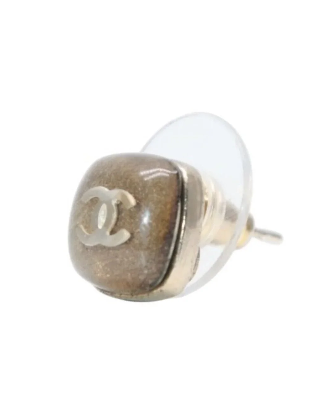 Chanel Earrings CC Logo Button Brown Glitter Silver Mini